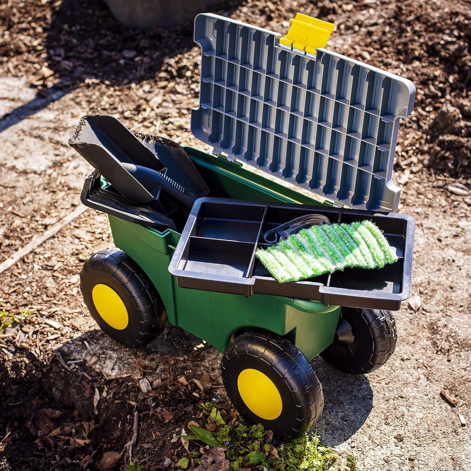 UPP Garten Roll-Sitzbox mit Staufach, ideal auch als outdoor Werkzeugwagen