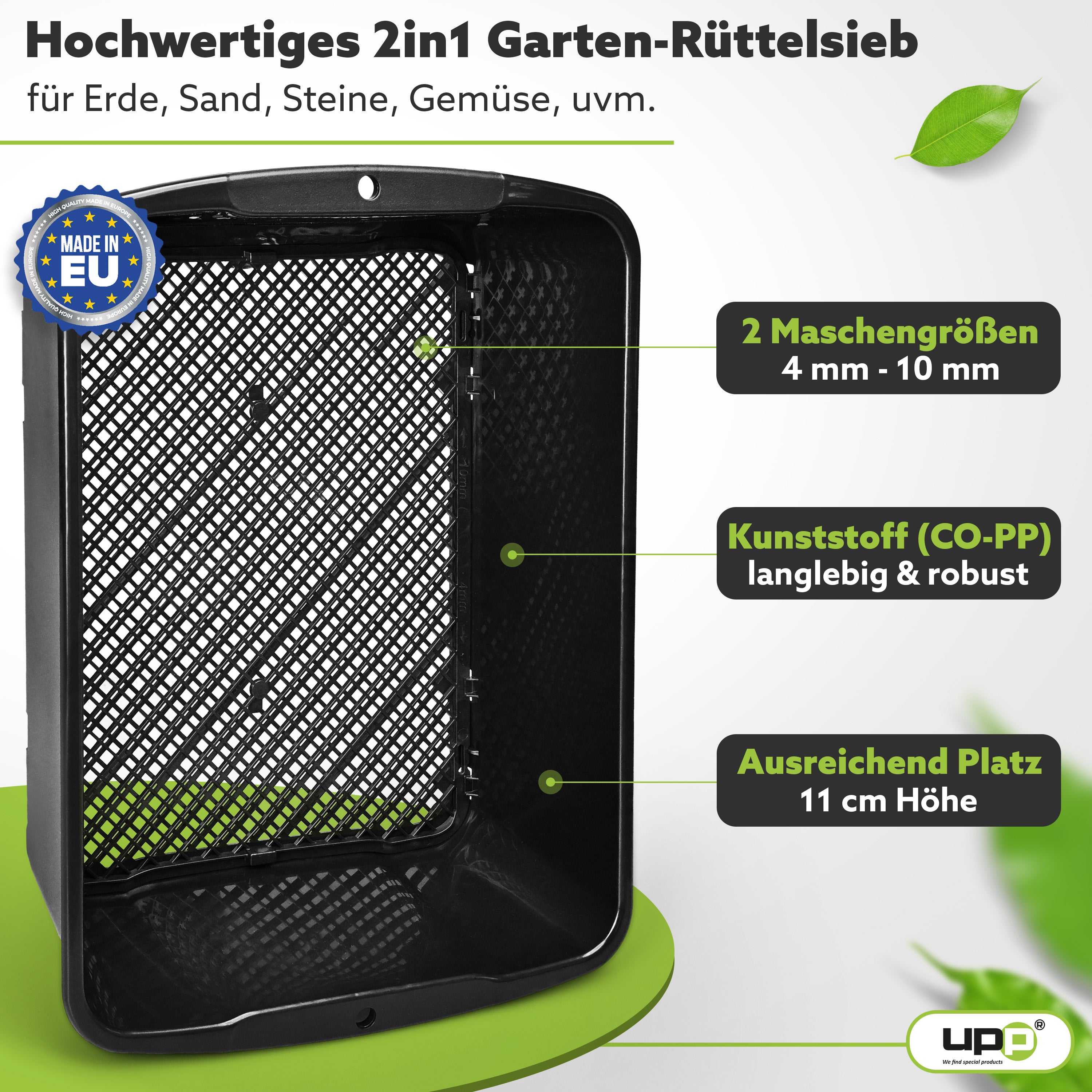 UPP Gartensieb 2-in-1 mit einstellbarer Maschengröße | 4 oder 10 mm