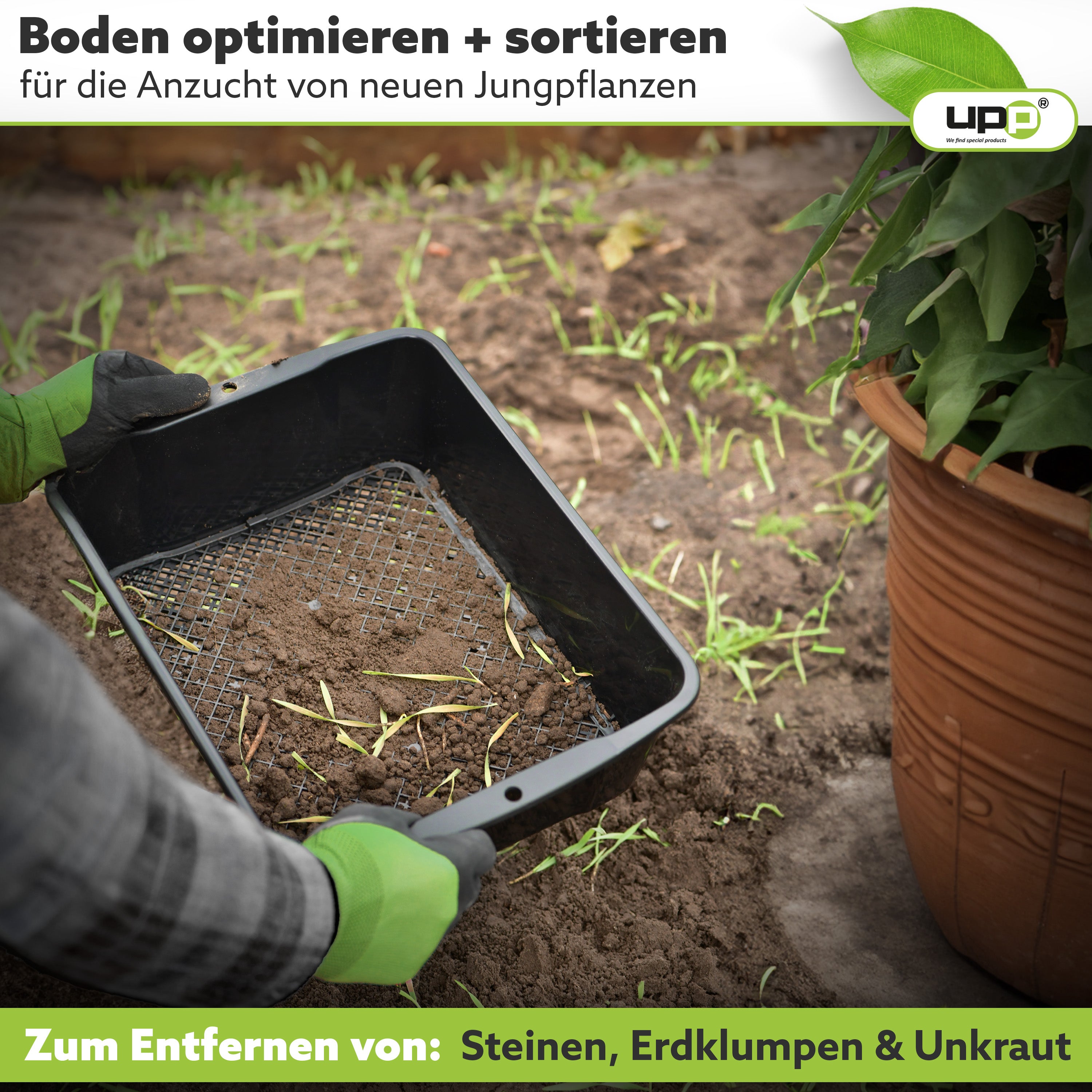 UPP Gartensieb 2-in-1 mit einstellbarer Maschengröße | 4 oder 10 mm